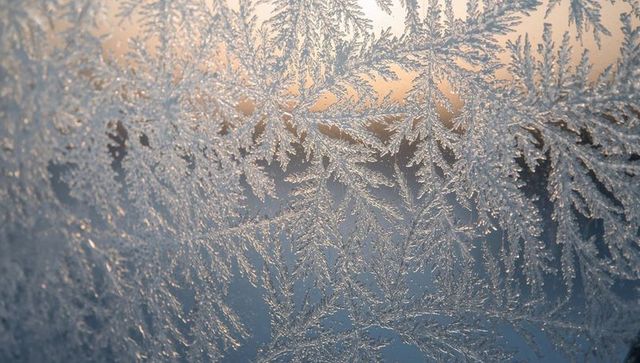 Glittering frost forming fern-like patterns on window glass at sunrise macro ice texture