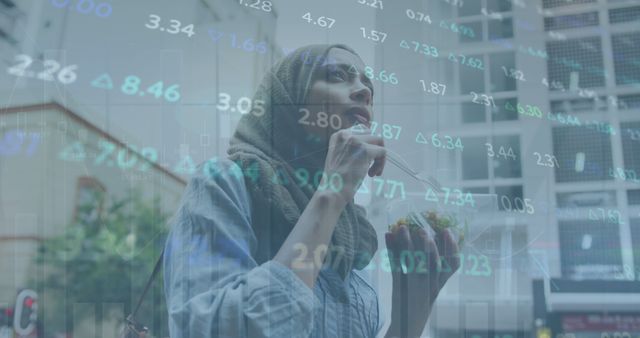 Image of stock market data processing against woman in hijab having a snack on the street. Global economy and business data technology concept