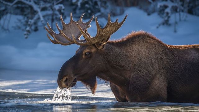 Wading bull moose drinking from winter river with palmate antlers and backlit snowbanks