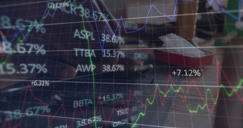 Man analyzing stock charts on smartphone at cafe table