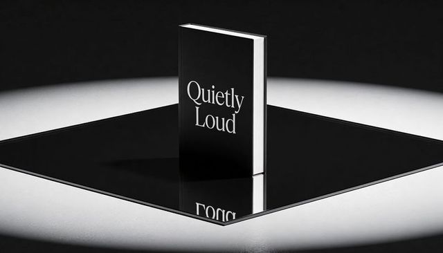 Quietly loud black hardcover standing on mirrored panel with spotlight and deep reflection