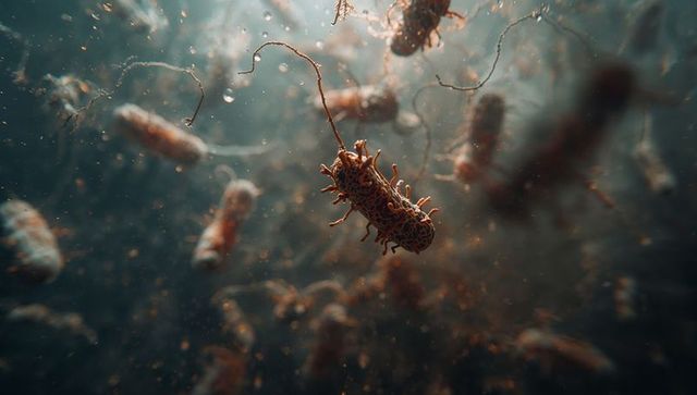 Backlit rod-shaped bacteria with flagellum and pili floating in microscopic fluid swarm