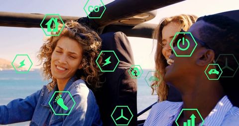 Friends Enjoying Road Trip with Eco-Friendly Tech Icons