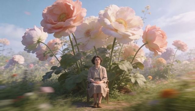 Woman sitting wearing vintage dress amid oversized pastel flowers dreamlike meadow