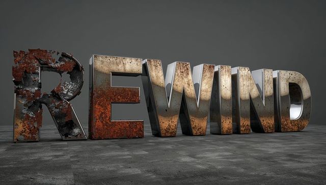 Rewind 3D Metal Typography Reflecting Light and Rusted Patina on Industrial Concrete Floor