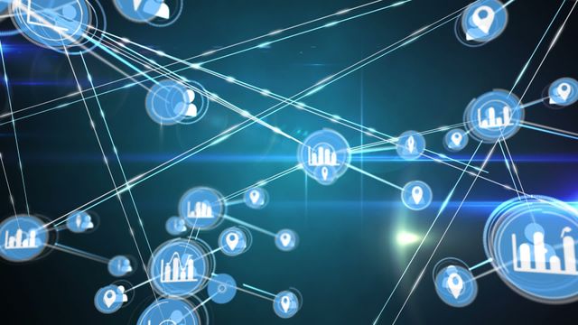 Abstract animation depicting a network with connecting lines and informative icons, signaling data exchange and communication synergy in a digital environment. Ideal for representing global connectivity, technological advancements, and modern communication infrastructure in presentations, websites, or educational materials focused on digital transformation and technological growth.