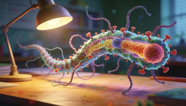 Glowing filamentous microbe floating over wooden desk with colorful internal cores