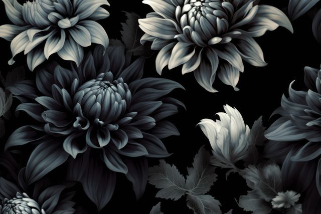 Elegant Black and White Floral Pattern with Dahlia Blooms - Download Free Stock Images Pikwizard.com