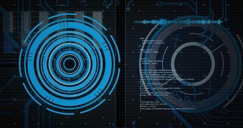 Futuristic Holographic HUD with Cyan Circular Rings, Code Overlay and Waveform