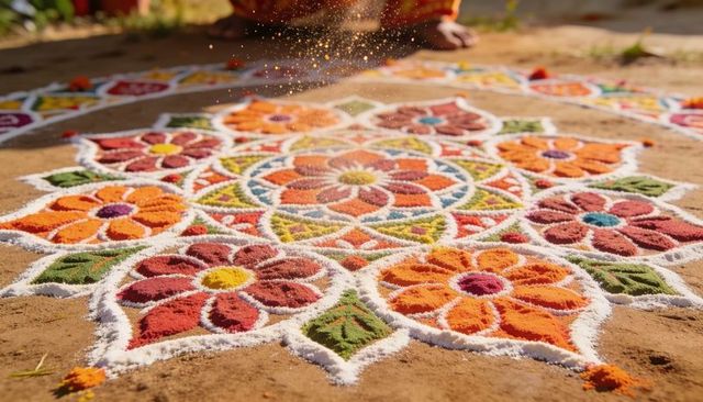 Vibrant rangoli mandala being sprinkled while artisan filling colored pigments on ground