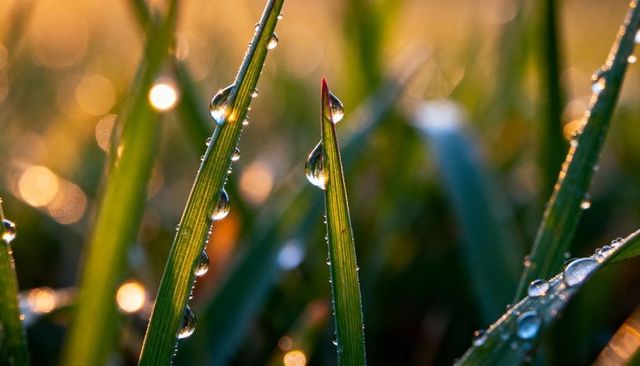 Sunlit dew on green grass blade with red tip, macro closeup and golden bokeh reflections