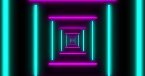 Neon Tunnel with Green and Purple Glowing Lines on Dark Background