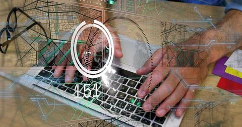 Typing on laptop with futuristic hud monitoring live data and progress meter