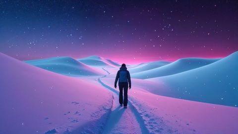 Hiker Trekking Through Snowy Abstract Landscape Under Starry Night