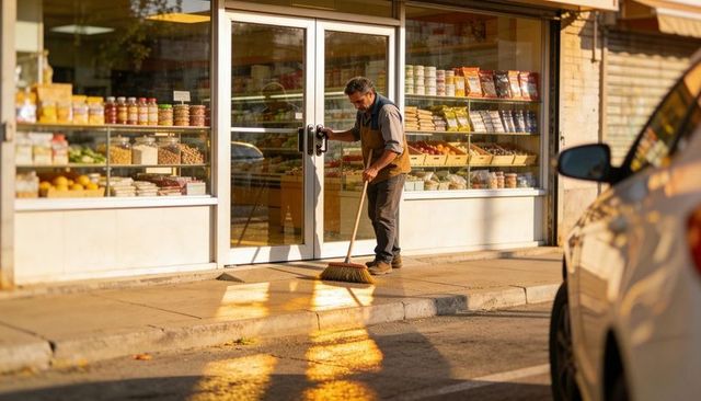 Shopkeeper sweeping sidewalk outside urban grocery at golden hour, produce reflections