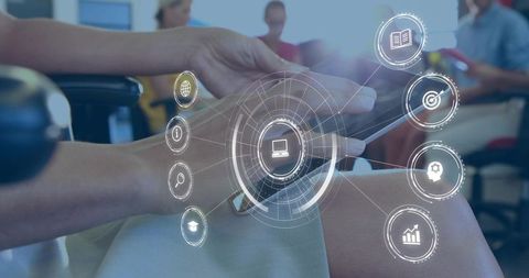 Hands holding tablet tapping futuristic hud interface for workplace collaboration, training