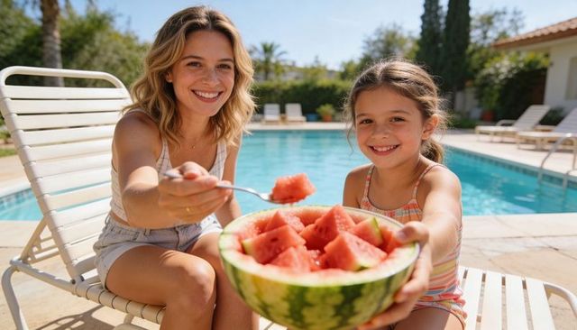 Mother and daughter sharing watermelon poolside smiling on sunny summer day backyard moment