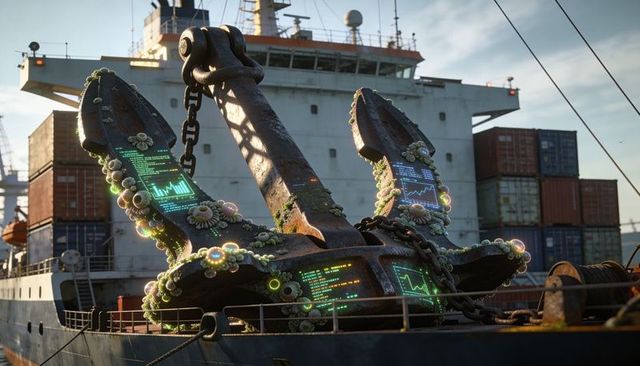 Weathered anchor featuring glowing barnacle panels and neon data displays on cargo deck