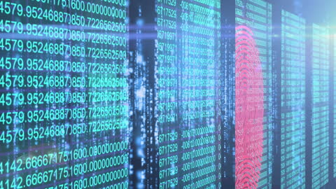 Digital Data Streams with Fingerprint Overlay Representing Cybersecurity