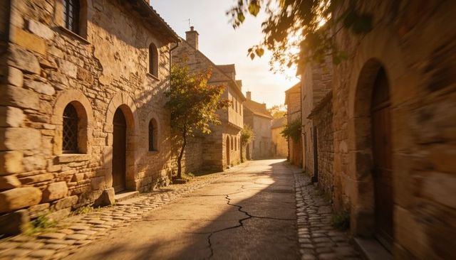 Sunlit winding cobblestone lane curving past arched stone doorways in historic village