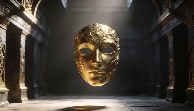 Ornate gold mask hovering in vaulted ceremonial hall with filigree details and light beam