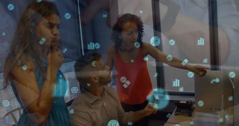 Diverse Business Team with Virtual Icons on Screen