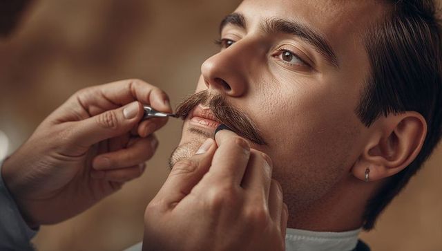 Barber trimming mustache with scissors and comb, closeup male grooming facial hair styling