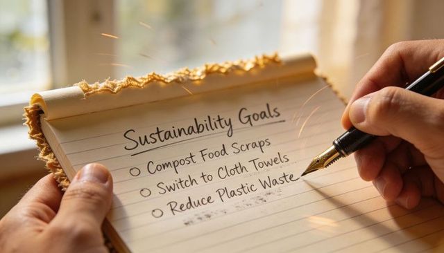 Writing sustainability goals on spiral notepad with fountain pen by sunlit window closeup