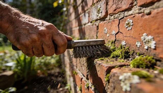 Senior man scrubbing moss from sunlit red brick wall with wire brush