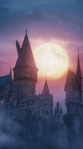 Rising full moon illuminating Gothic cliffside castle with drifting clouds and gathering fog
