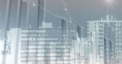 Financial data and skyline blend illustrating urban economic growth