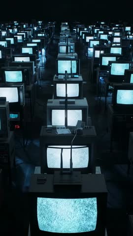 Flickering CRT Television Rows Filling Dark Warehouse with Static and Tangled Cables