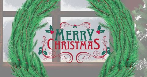 Festive merry christmas sign with green fir wreath