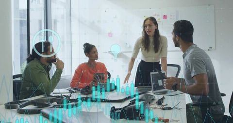 Tech Team Discussing Futuristic Data in Modern Office Meeting