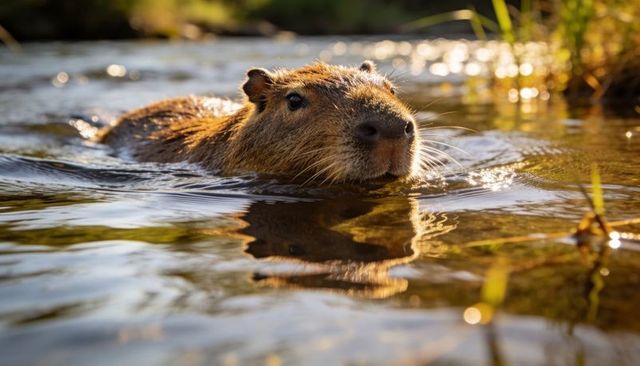 Golden-hour capybara swimming through sunlit shallow pond with rippled reflection close-up