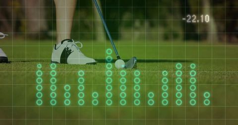 Golfer Aligning Putt on Green with Grid Overlay and Metrics