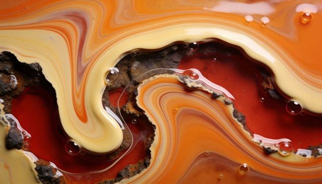 Swirling red orange cream liquids flowing over mineral rock macro abstract texture