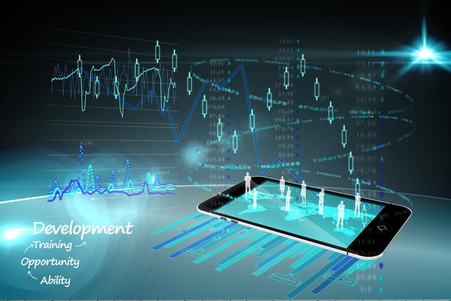 This image depicts a smartphone displaying financial graphs and global connections, symbolizing the integration of technology in business and finance. Ideal for use in presentations, articles, and marketing materials related to financial technology, data analysis, business growth, and global market trends.