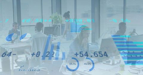 Professionals Analyzing Augmented Reality Data in Open-Plan Office