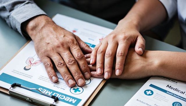 Doctor holding patient hands on medical clipboard offering compassionate support