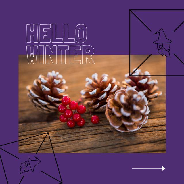 Square image of hello winter text with women drinking hot coffee picture over purple background. Hello winter, seasons , nature campaign.