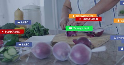 Home Cook Chopping Red Onion with Social Media Notifications Overlay for Content Creators