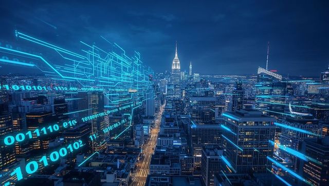 Futuristic Cityscape with Digital and Binary Overlay