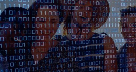 Digital innovation team with binary code overlay