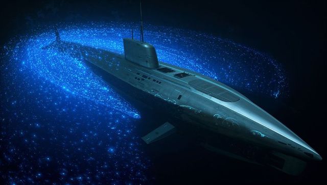Gliding sleek military submarine leaving bioluminescent wake in deep ocean abyss