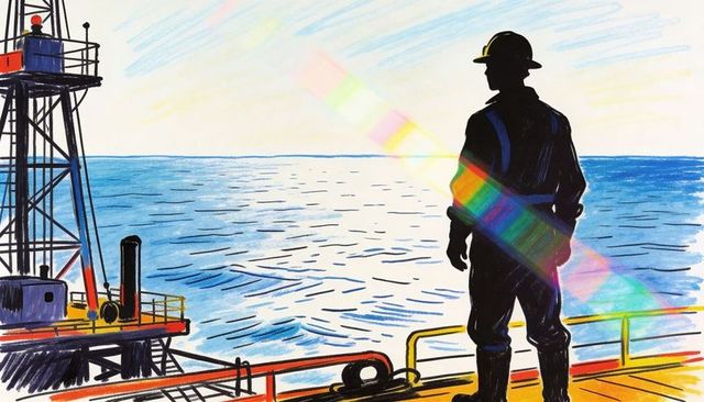 Silhouette offshore worker standing on platform facing horizon overlooking calm ocean sunrise