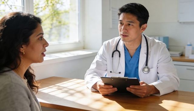 Doctor listening to patient during private medical consultation in sunlit clinic