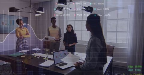 Diverse Women Collaborating in Modern Office with Futuristic Analytics