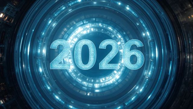 Futuristic 2026 digital tunnel with glowing numerals, neon data rings and cybernetic depth