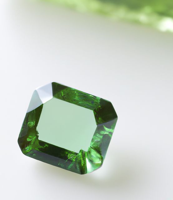 Elegant emerald cut green gemstone presented on a clean, white background. Ideal for use in jewelry design, luxury product promotion, gemstone catalogues, or educational materials about gems. Suitable for digital marketing in fashion, accessories, and luxury goods industries.